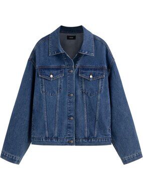 Women's Navy Blue Jean Jacket Oversized Denim Jacket With Pockets Button Down